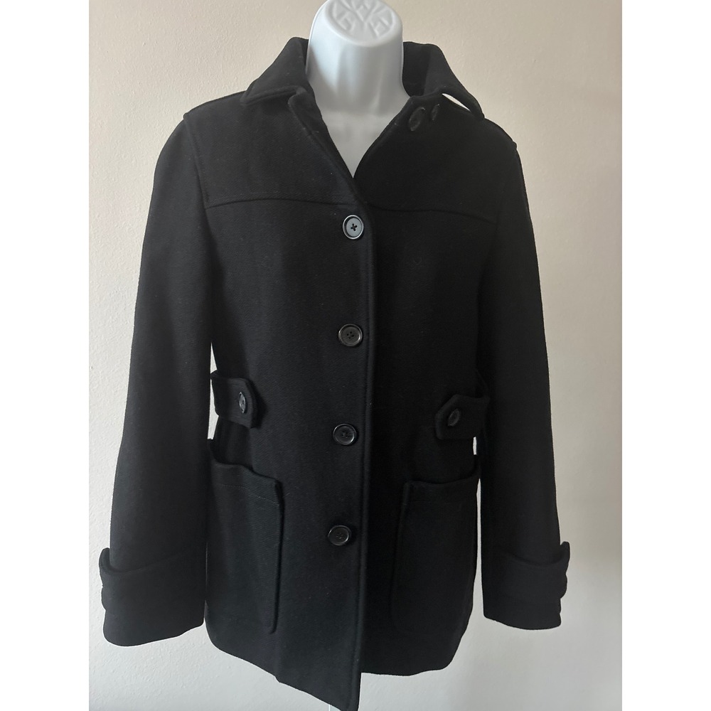 Minimalist Black Wool Blend Coat Size S Button Front Stand Collar Winter Jacket - Picture 2 of 16